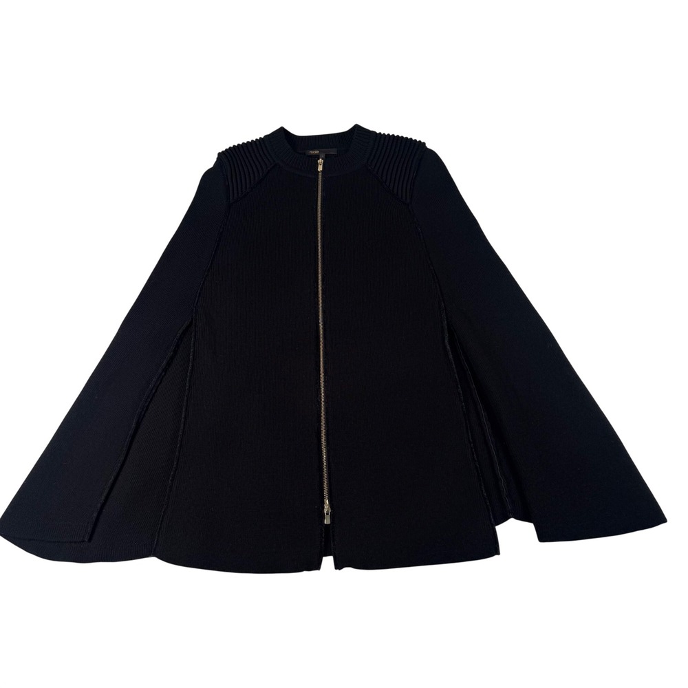 Maje Milord Black Ribbed Knit Zip Front Cape Coat Women Size 1 Wool Blend Poncho